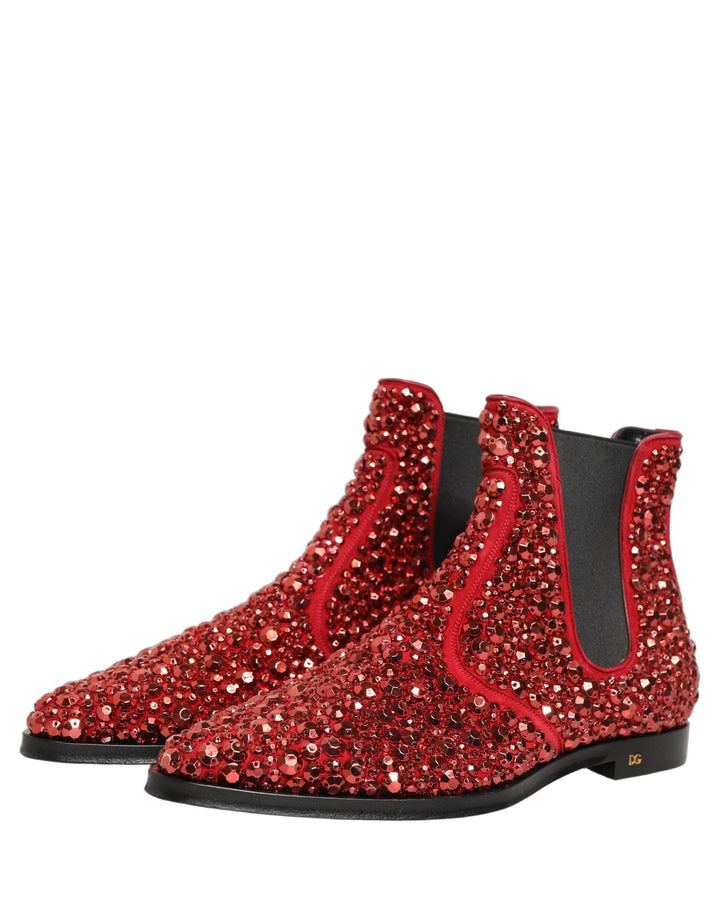 Dolce &amp; Gabbana Red Embellished Chelsea Ankle Boots Shoes