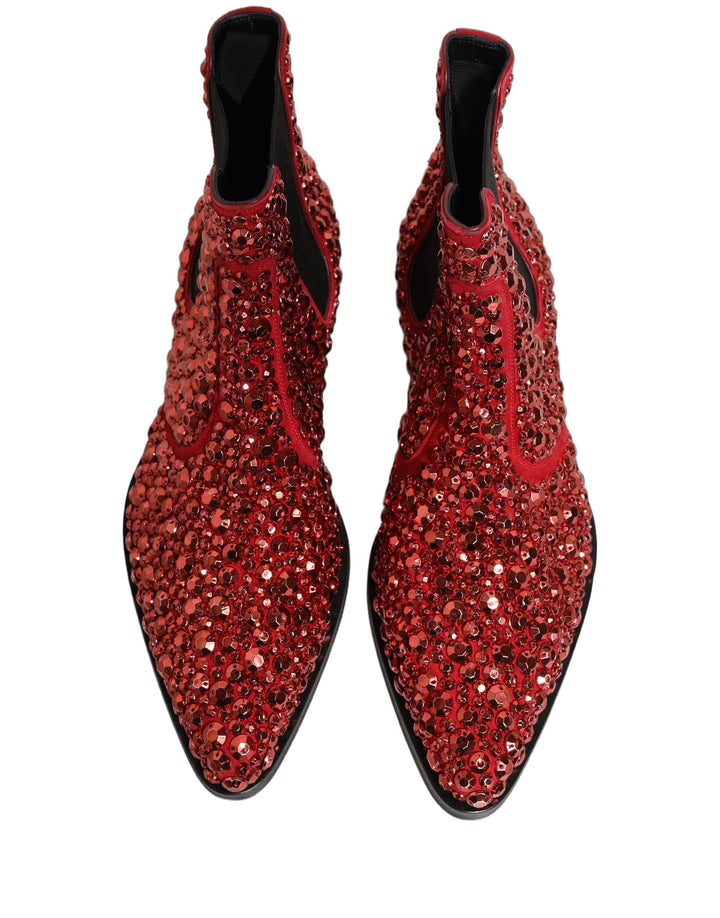 Dolce &amp; Gabbana Red Embellished Chelsea Ankle Boots Shoes
