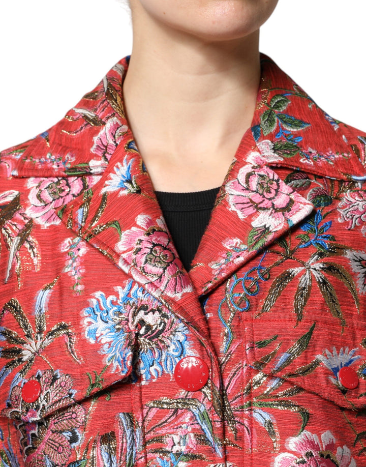 Dolce &amp; Gabbana Wrap Coats - Red Floral Jacquard Button Down Coat Jacket