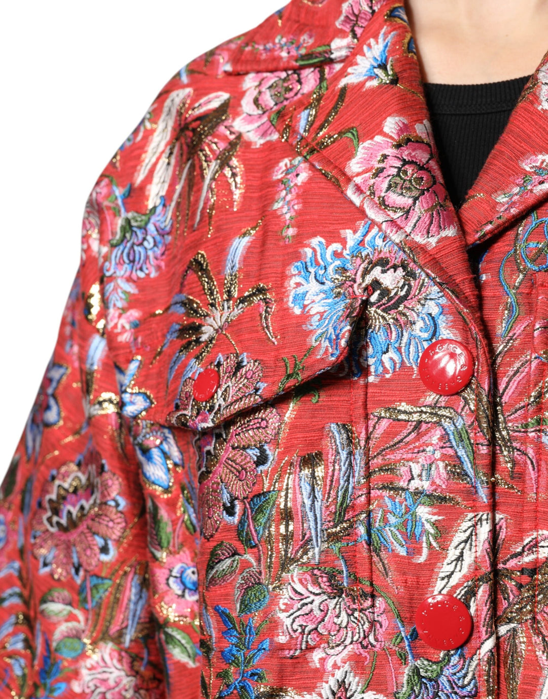 Dolce &amp; Gabbana Wrap Coats - Red Floral Jacquard Button Down Coat Jacket