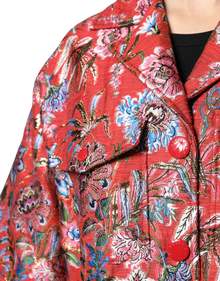 Dolce &amp; Gabbana Wrap Coats - Red Floral Jacquard Button Down Coat Jacket