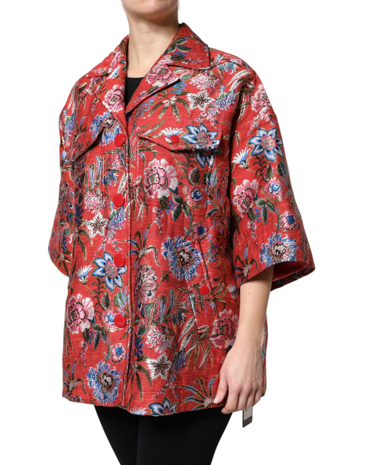 Dolce &amp; Gabbana Wrap Coats - Red Floral Jacquard Button Down Coat Jacket