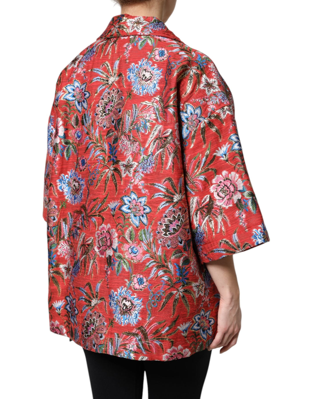 Dolce &amp; Gabbana Wrap Coats - Red Floral Jacquard Button Down Coat Jacket