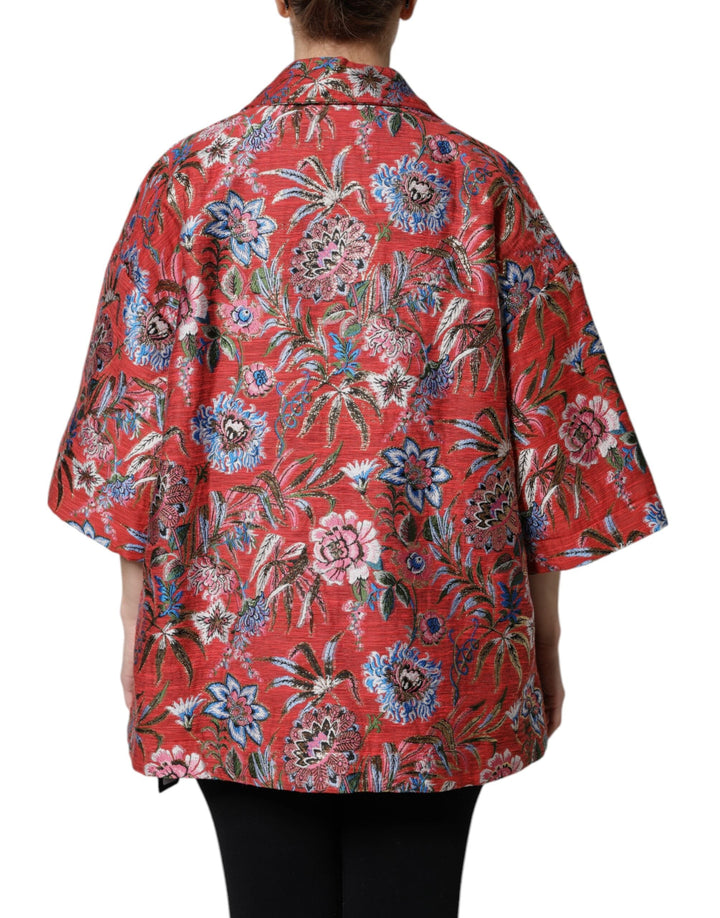 Dolce &amp; Gabbana Wrap Coats - Red Floral Jacquard Button Down Coat Jacket