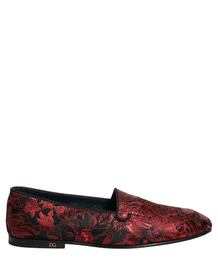 Dolce &amp; Gabbana Red Floral Jacquard Slip On Loafers Shoes