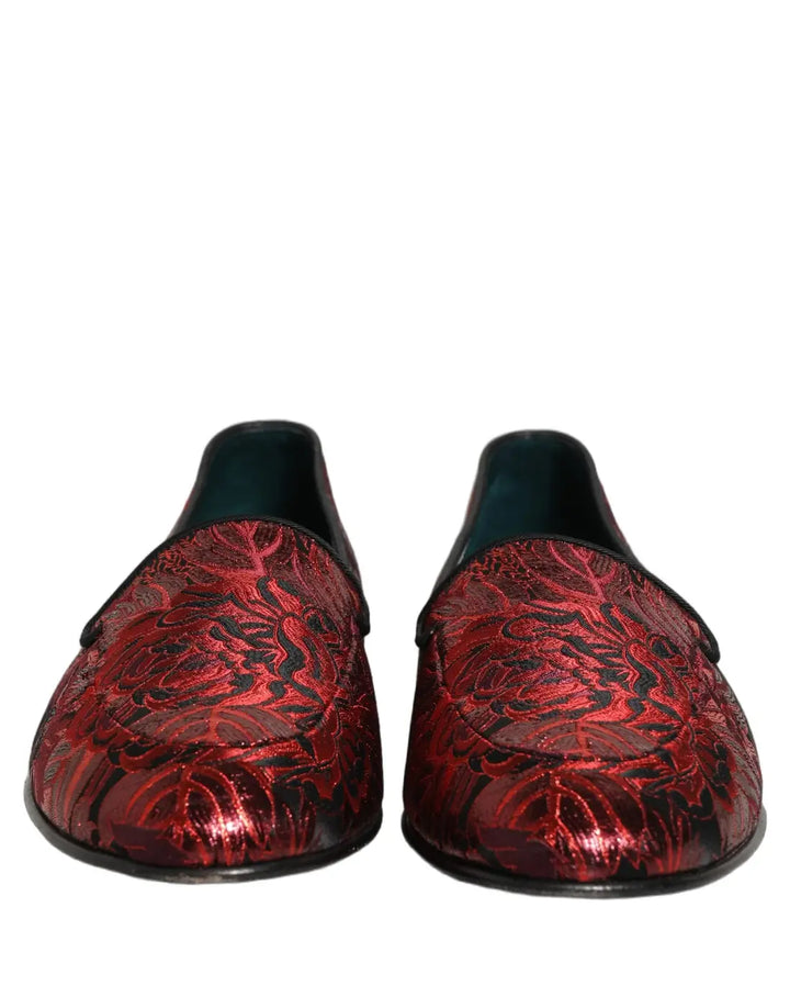 Dolce &amp; Gabbana Red Floral Jacquard Slip On Loafers Shoes