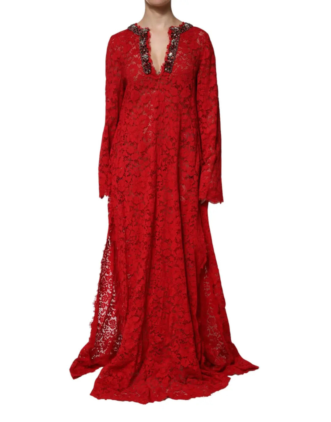 Dolce &amp; Gabbana Red Floral Lace Rhinestone Embellished Dress