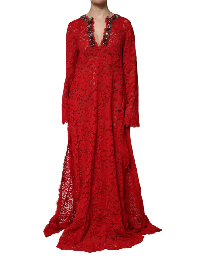 Dolce &amp; Gabbana Red Floral Lace Rhinestone Embellished Dress