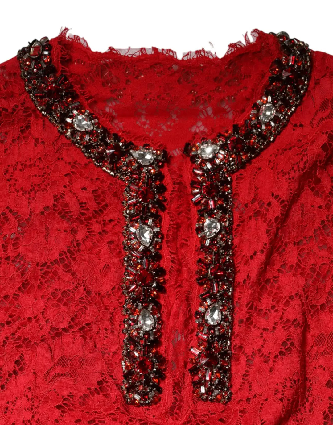 Dolce &amp; Gabbana Red Floral Lace Rhinestone Embellished Dress