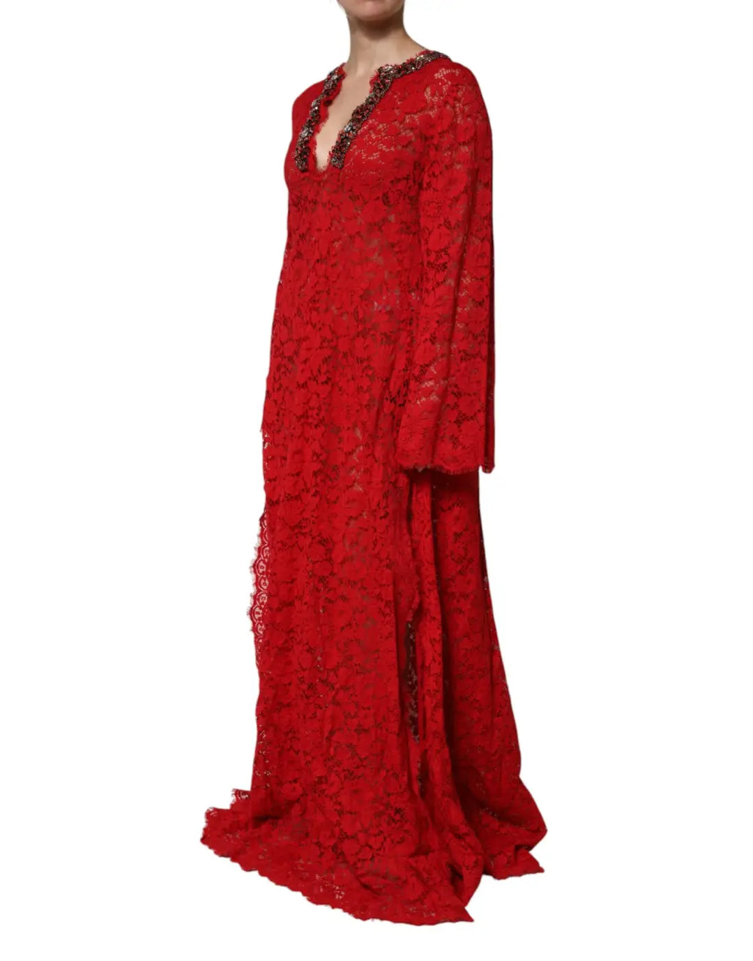 Dolce &amp; Gabbana Red Floral Lace Rhinestone Embellished Dress
