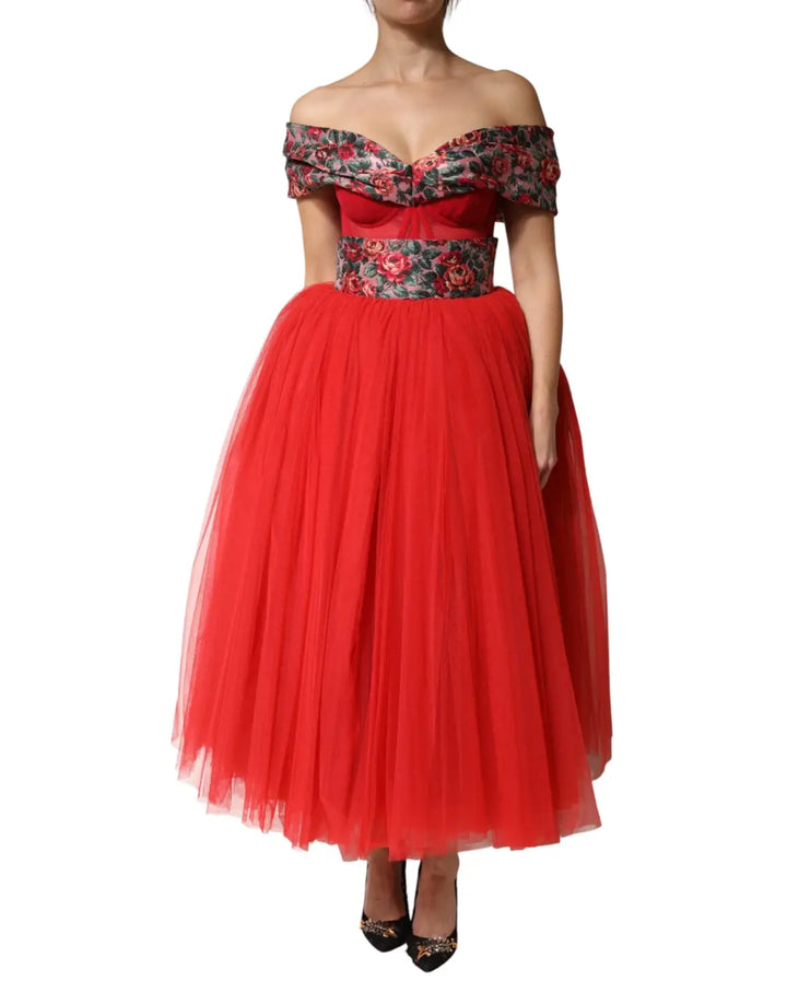 Dolce &amp; Gabbana Red Floral Off Shoulder A-line Gown Dress