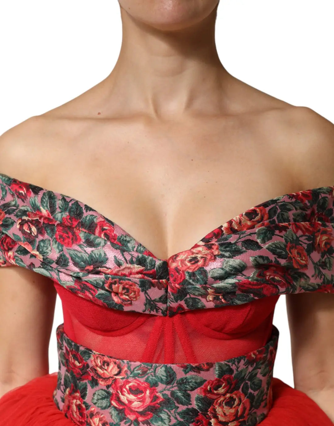 Dolce &amp; Gabbana Red Floral Off Shoulder A-line Gown Dress