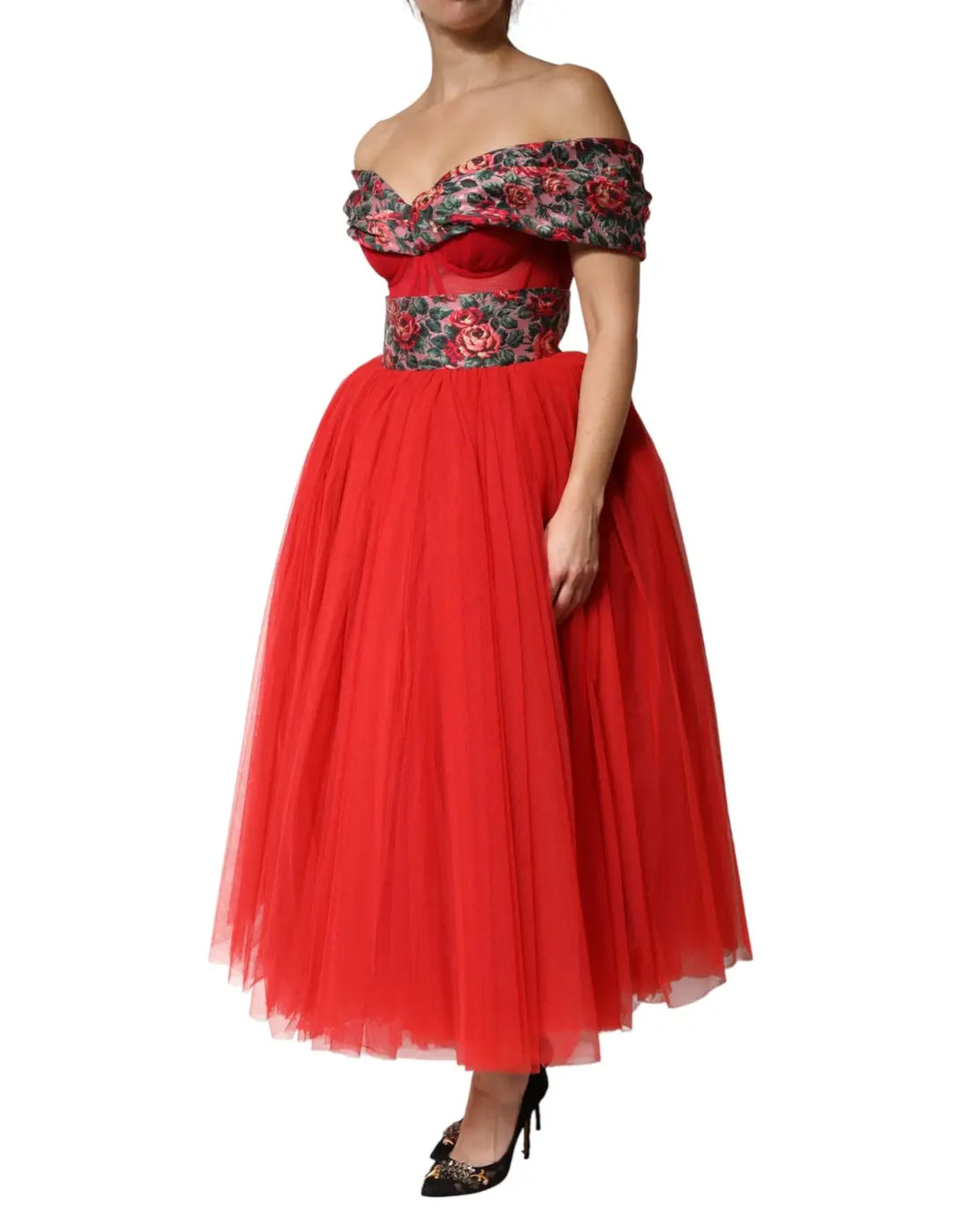 Dolce &amp; Gabbana Red Floral Off Shoulder A-line Gown Dress