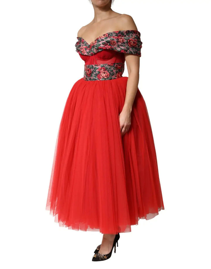 Dolce &amp; Gabbana Red Floral Off Shoulder A-line Gown Dress