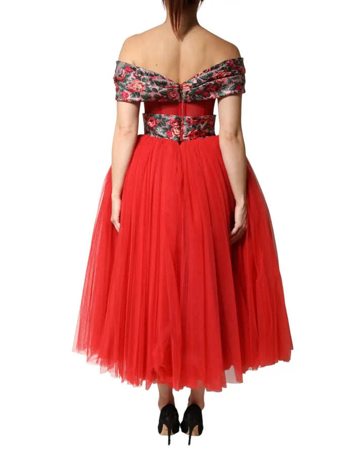 Dolce &amp; Gabbana Red Floral Off Shoulder A-line Gown Dress