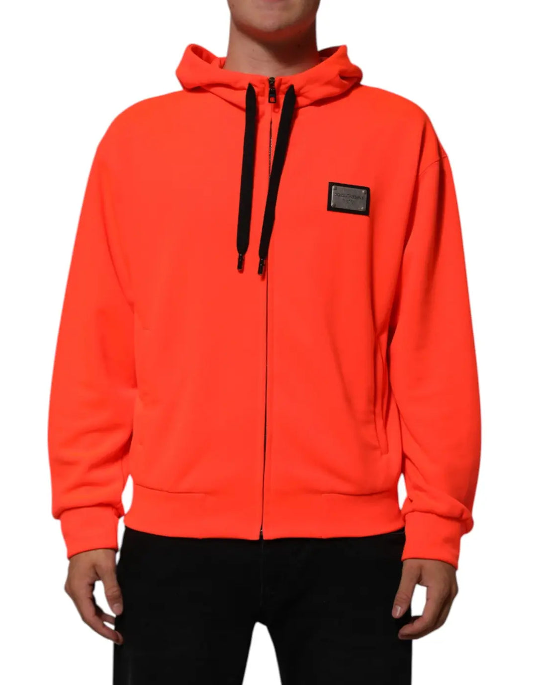 Dolce &amp; Gabbana Red Fluorescent Polyester Logo Patch Hoodie Sweater