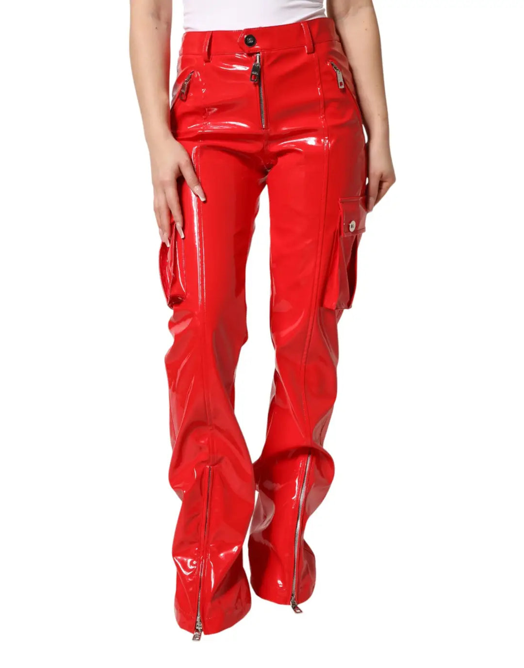 Dolce &amp; Gabbana Red Glossy Polyester Cargo Boot Cut Pants