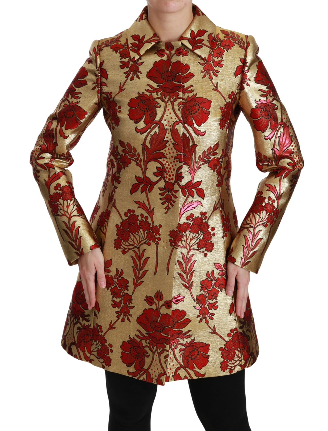 Dolce &amp; Gabbana Trench Coats - Red Gold Floral Brocade Cape Coat Jacket