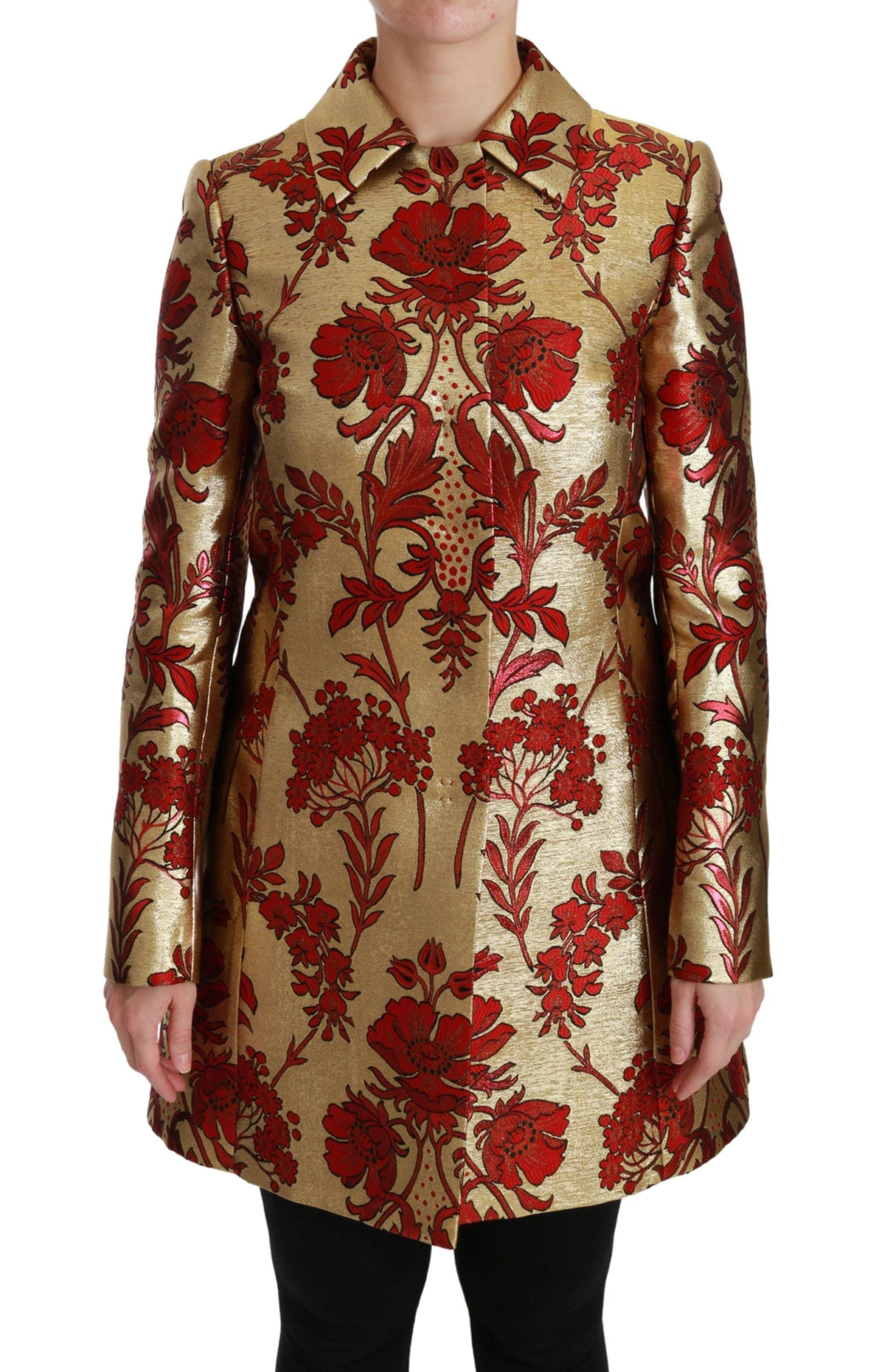 Dolce &amp; Gabbana Trench Coats - Red Gold Floral Brocade Cape Coat Jacket