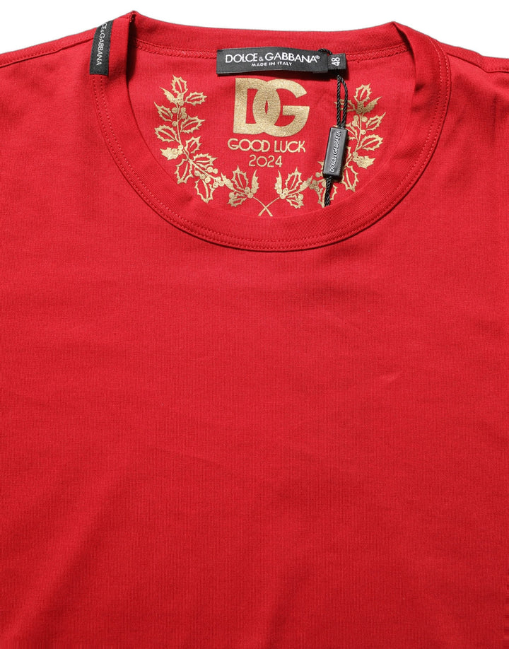Dolce &amp; Gabbana Red Goodluck 2023 Cotton Crew Neck T-shirt