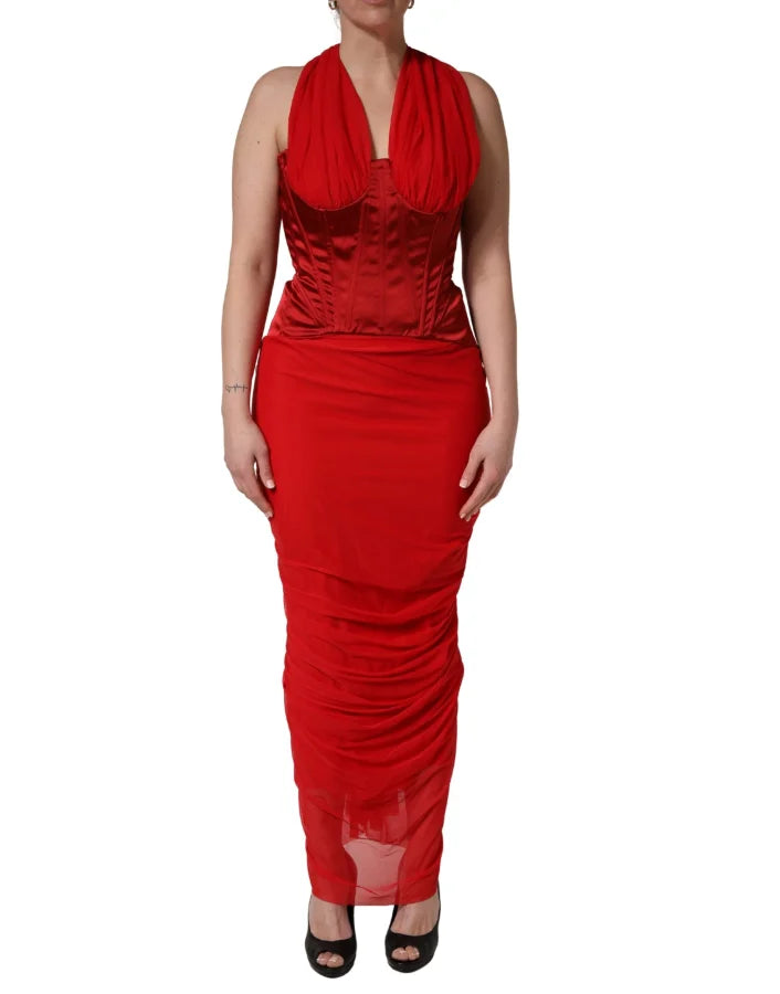 Dolce &amp; Gabbana Red Halter Corset Sleeveless Sheath Dress