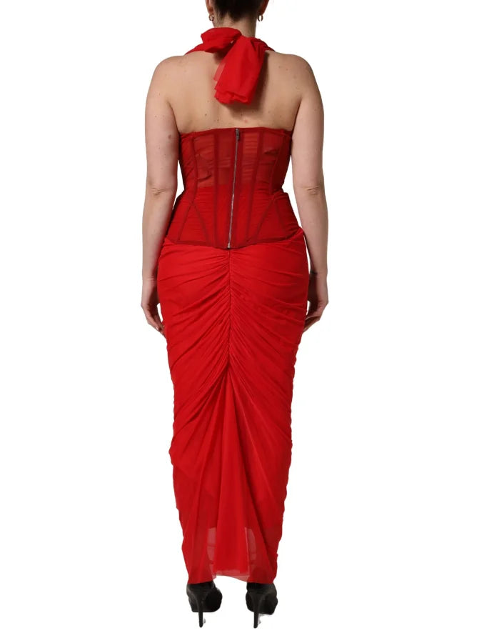 Dolce &amp; Gabbana Red Halter Corset Sleeveless Sheath Dress