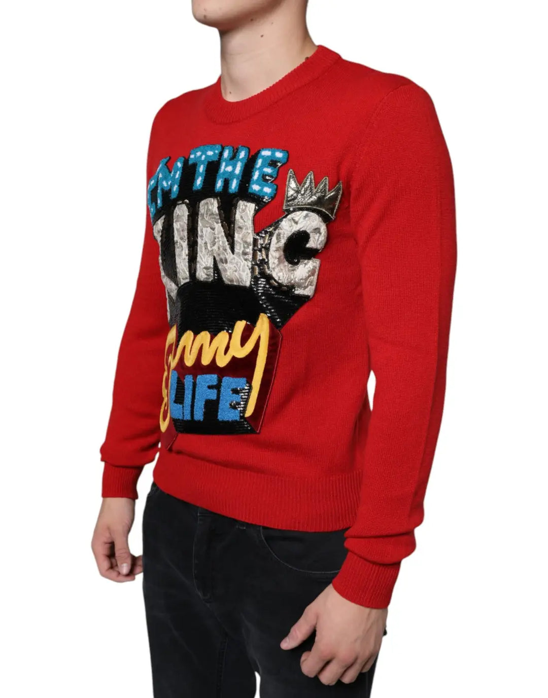 Dolce &amp; Gabbana Red I’m The King Wool Crew Neck Sweatshirt Sweater