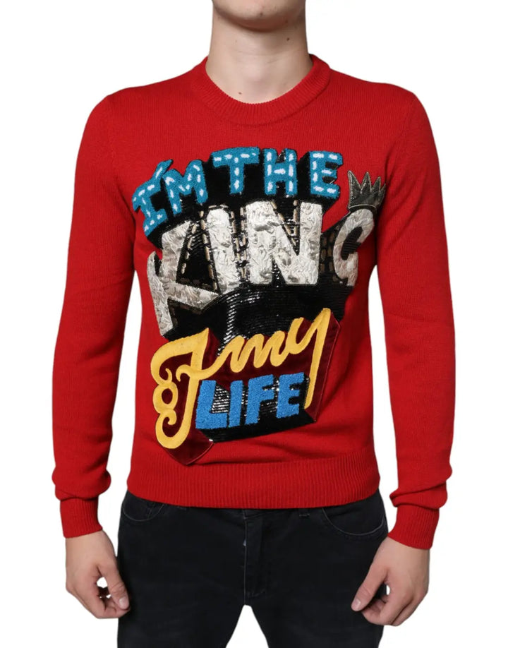 Dolce &amp; Gabbana Red I’m The King Wool Crew Neck Sweatshirt Sweater