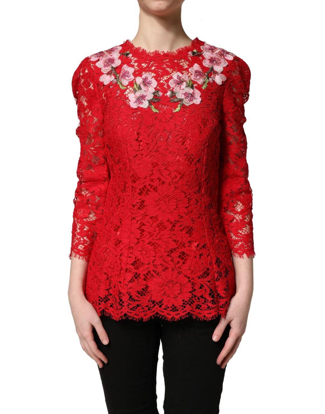 Dolce &amp; Gabbana Blouses - Women’s Red Lace Floral Embroidery Long Sleeves Top