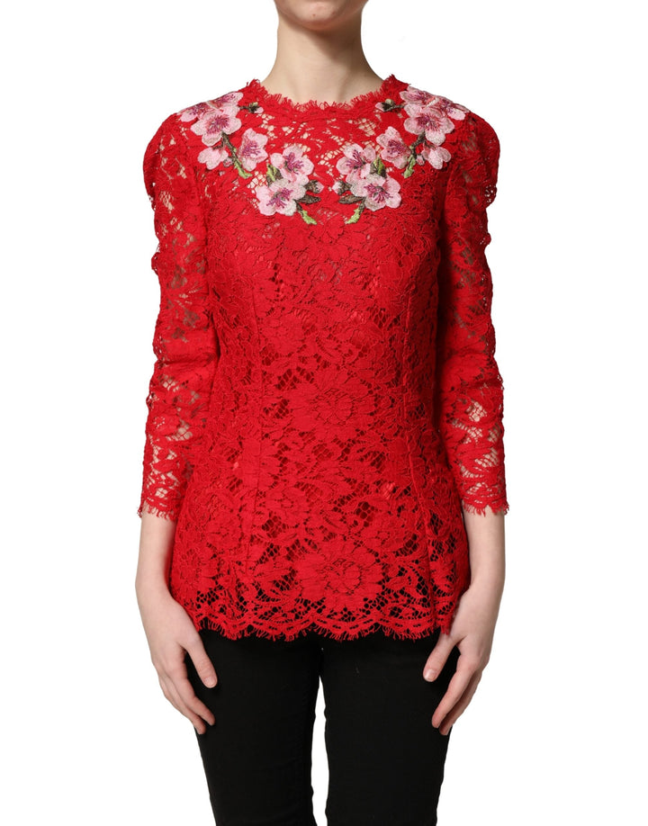 Dolce &amp; Gabbana Blouses - Women’s Red Lace Floral Embroidery Long Sleeves Top