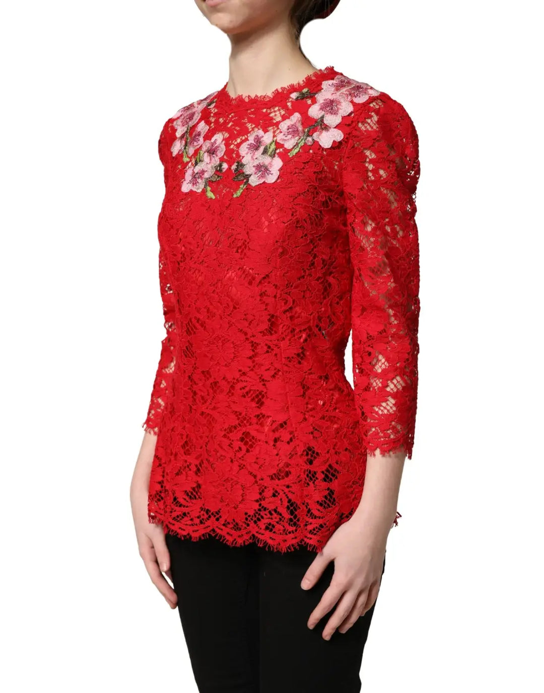 Dolce &amp; Gabbana Red Lace Floral Embroidery Long Sleeves Top
