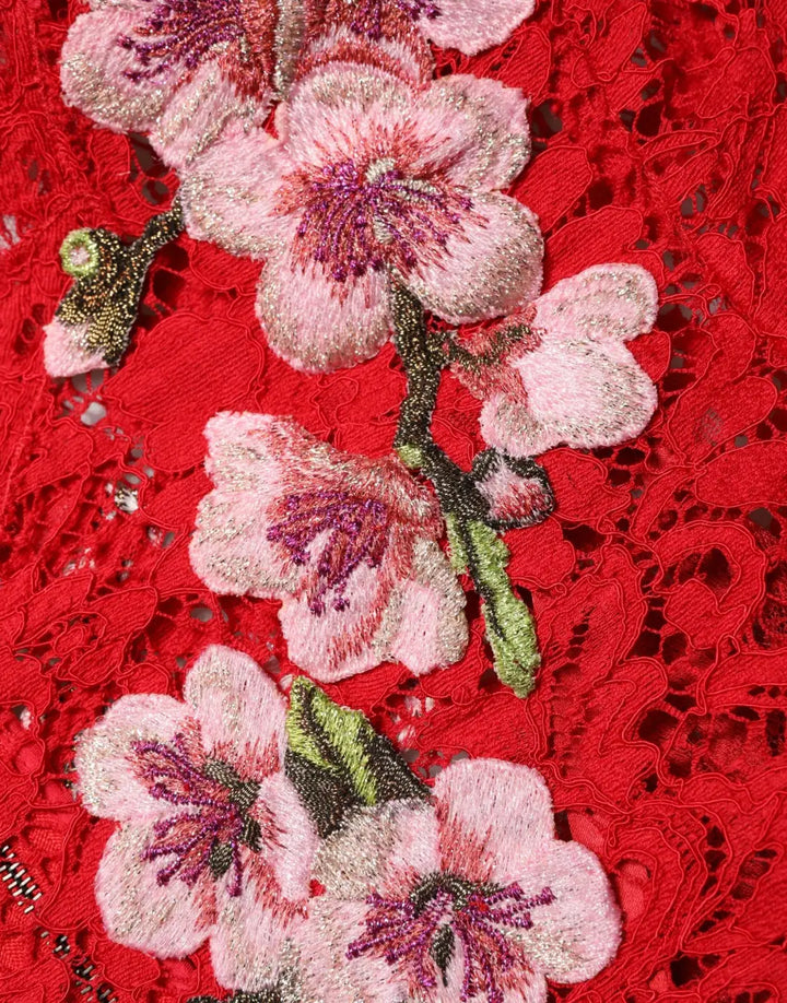 Dolce &amp; Gabbana Red Lace Floral Embroidery Long Sleeves Top
