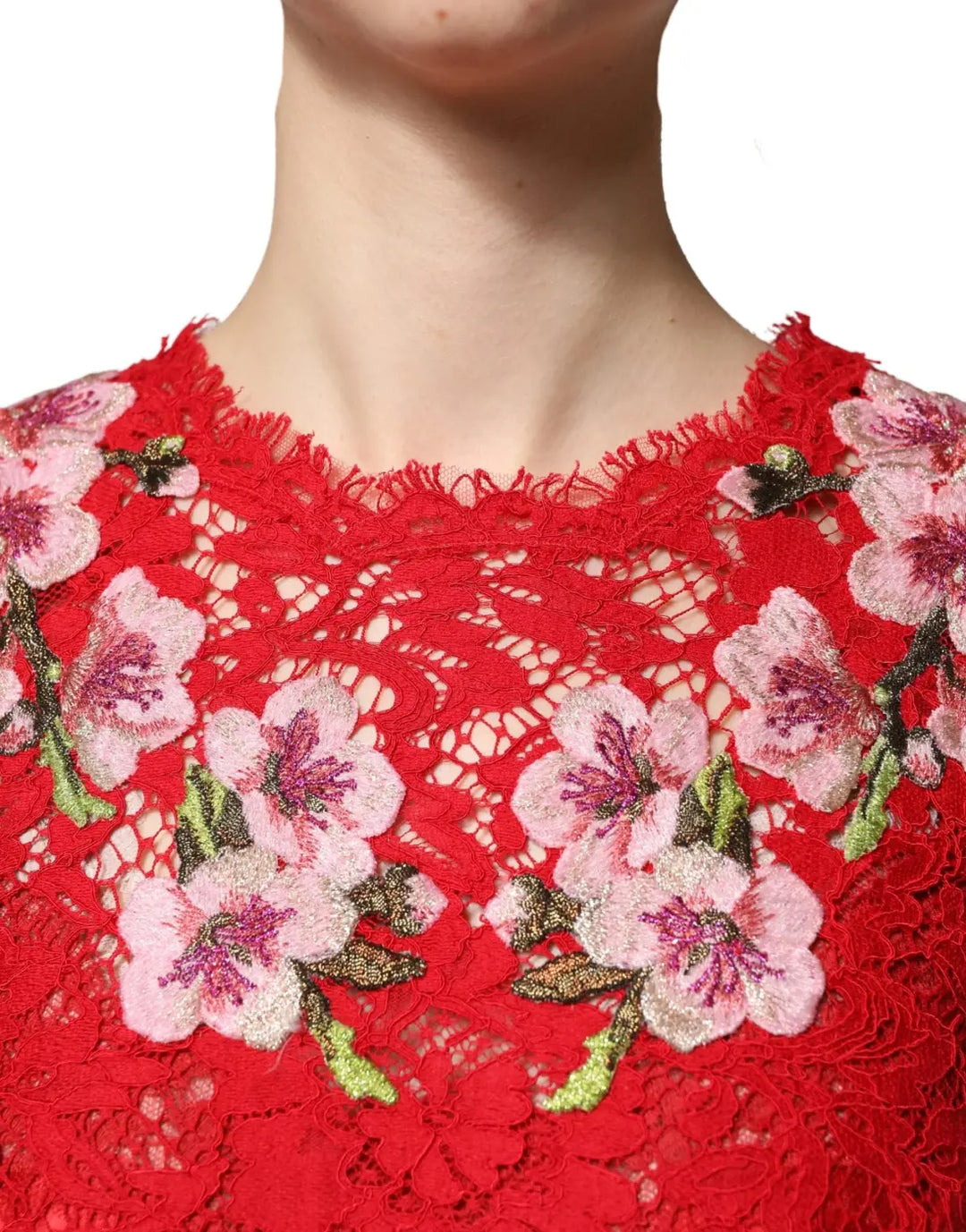 Dolce &amp; Gabbana Red Lace Floral Embroidery Long Sleeves Top