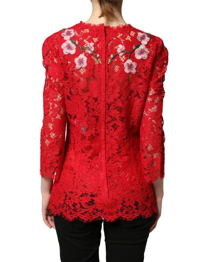 Dolce &amp; Gabbana Red Lace Floral Embroidery Long Sleeves Top
