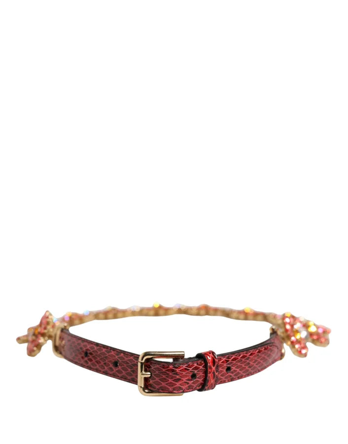 Dolce &amp; Gabbana Red Leather Daisy Crystal Embellished Waist Belt