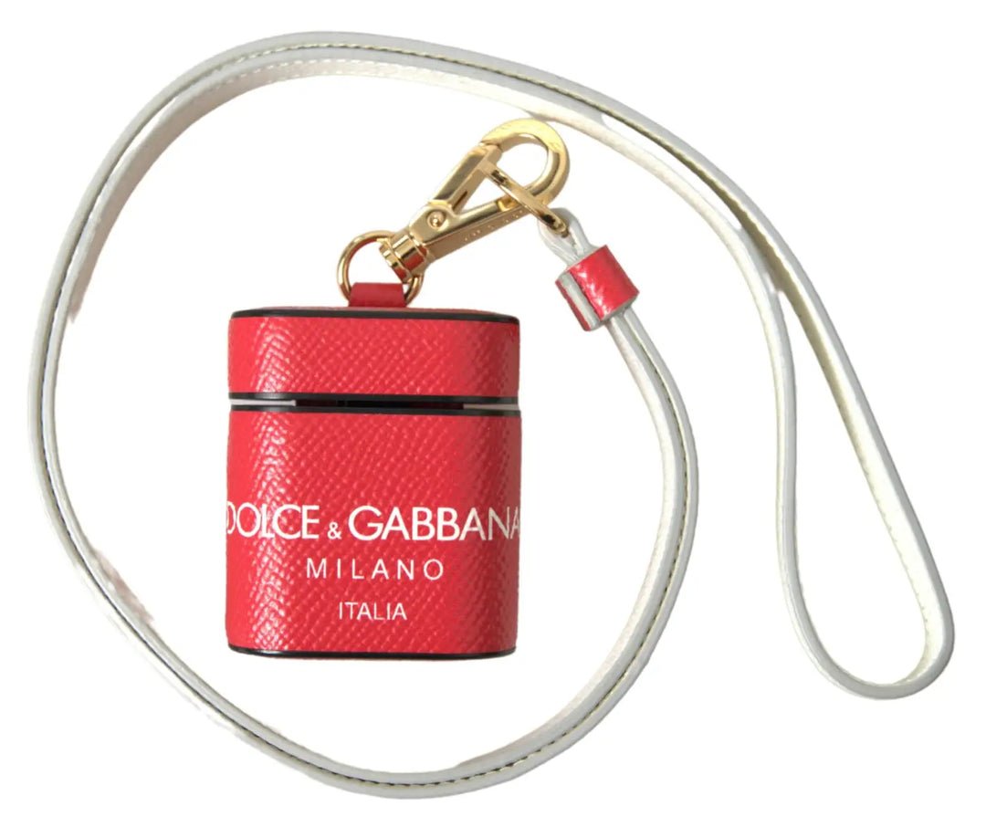 Dolce &amp; Gabbana Red Leather Gold Tone Metal Logo Print Strap Airpods Case