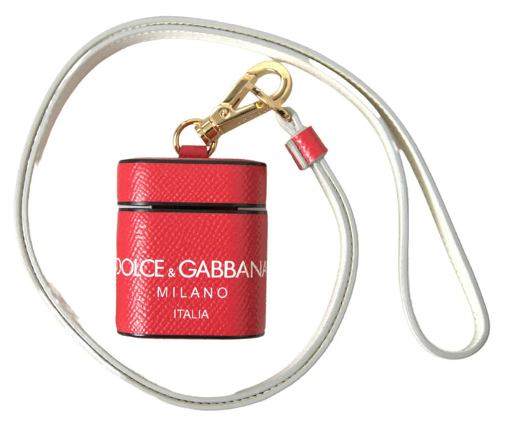 Dolce &amp; Gabbana Red Leather Gold Tone Metal Logo Print Strap Airpods Case
