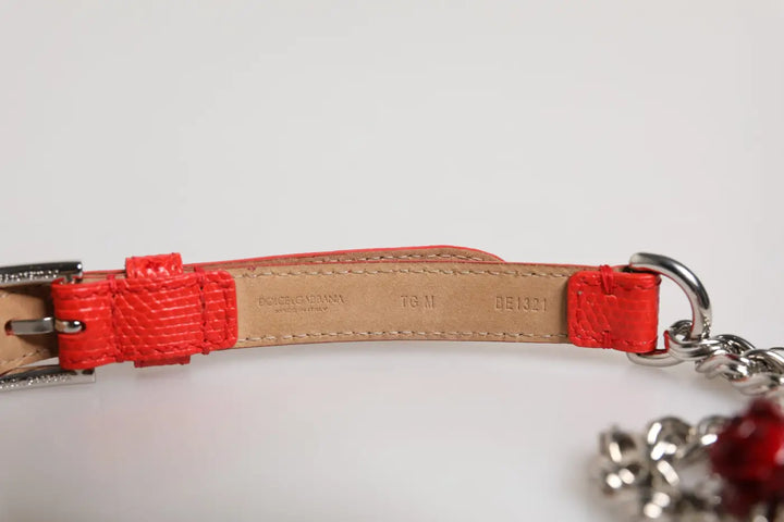 Dolce &amp; Gabbana Red Leather Silver Chain Floral Cintura Belt