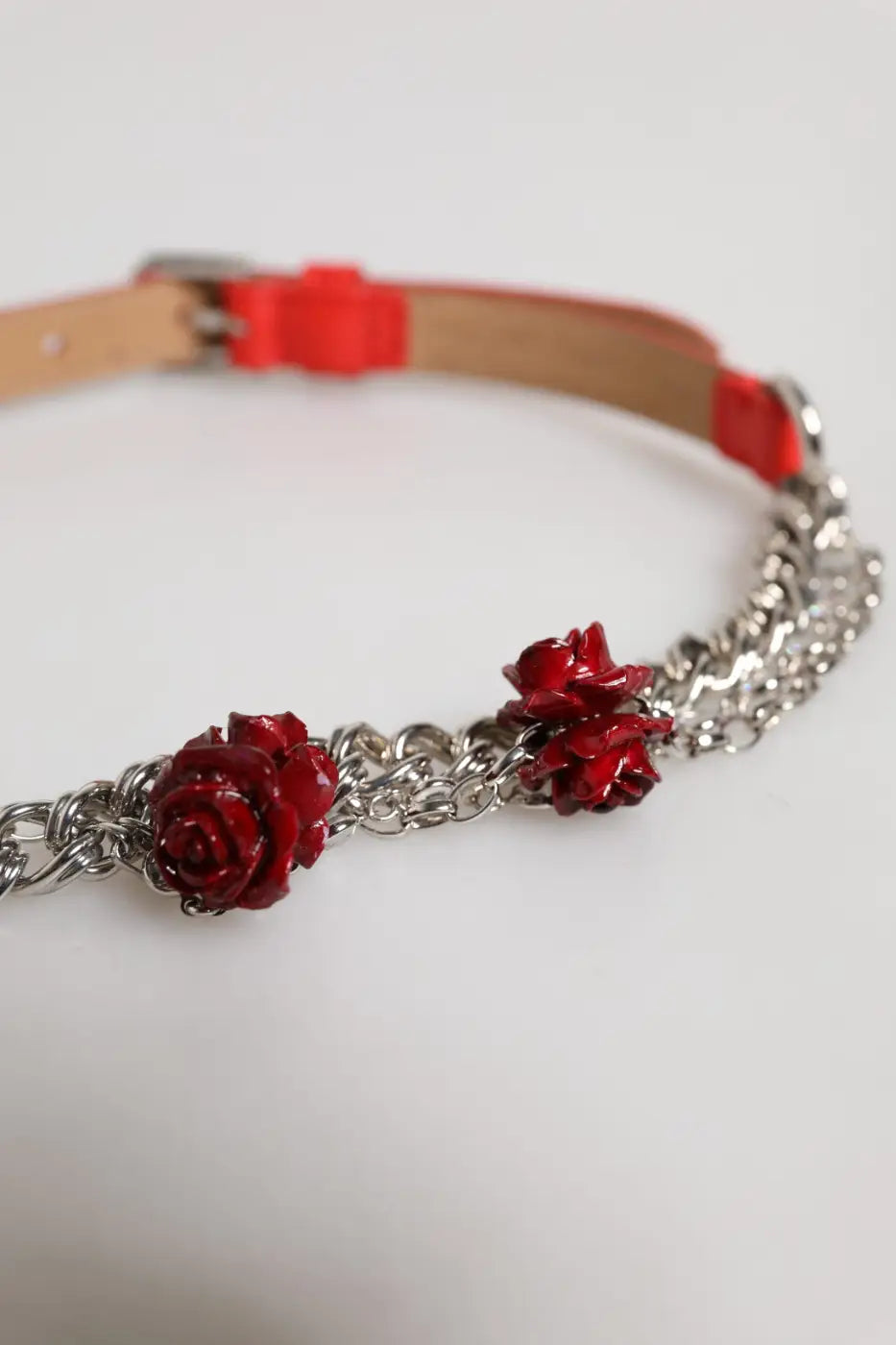 Dolce &amp; Gabbana Red Leather Silver Chain Floral Cintura Belt