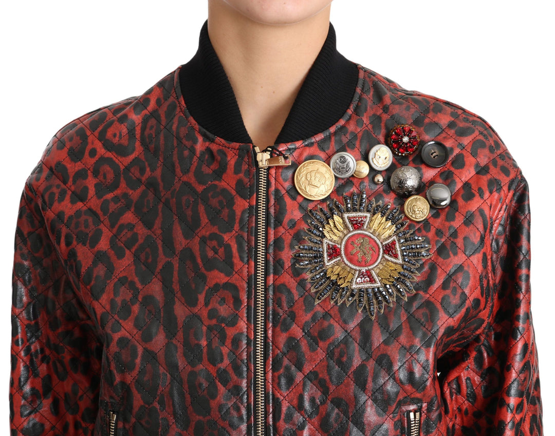 Dolce &amp; Gabbana Bomber Jackets - Red Leopard Button Crystal Leather Jacket
