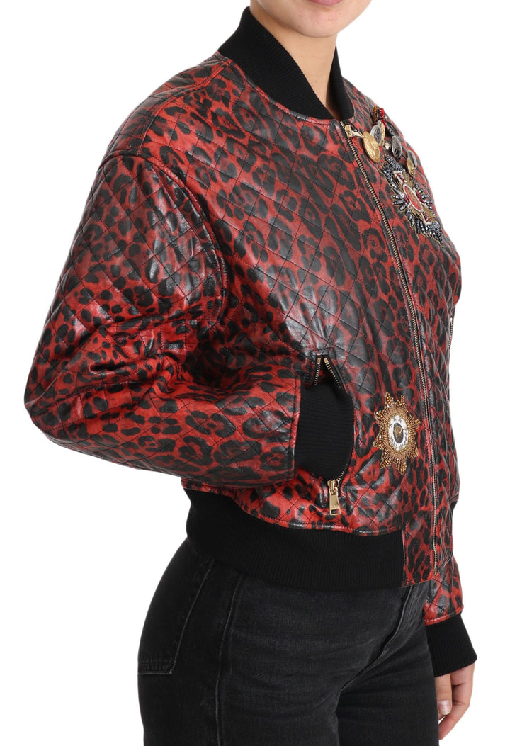 Dolce &amp; Gabbana Bomber Jackets - Red Leopard Button Crystal Leather Jacket
