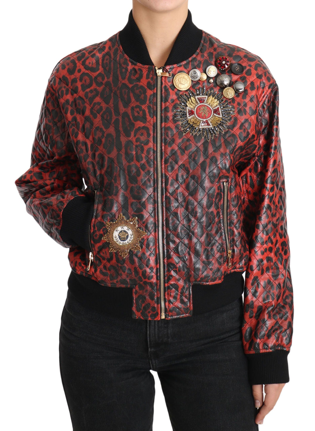 Dolce &amp; Gabbana Bomber Jackets - Red Leopard Button Crystal Leather Jacket
