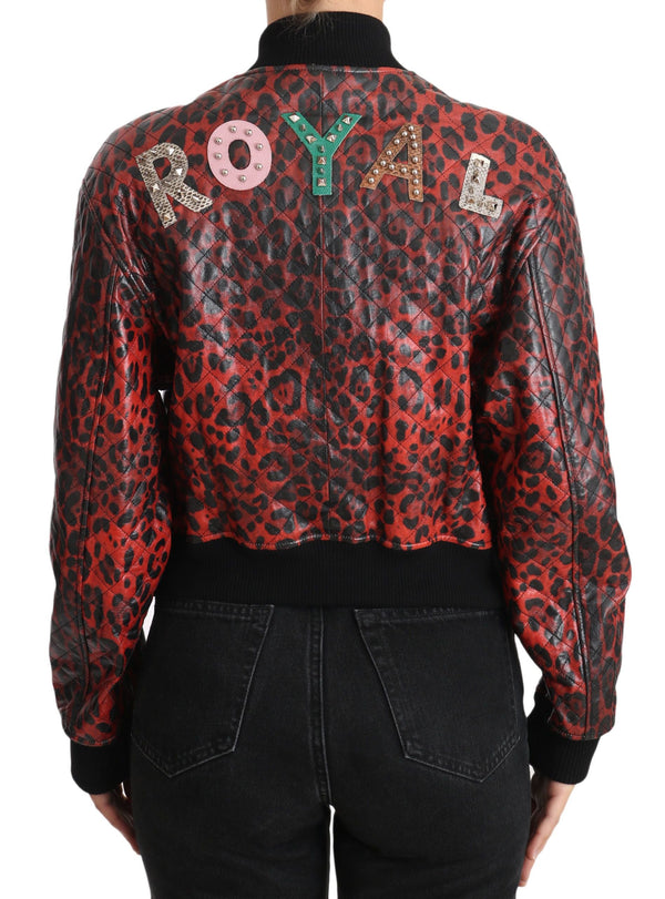Dolce & Gabbana Bomber Jackets - Red Leopard Button Crystal Leather Jacket