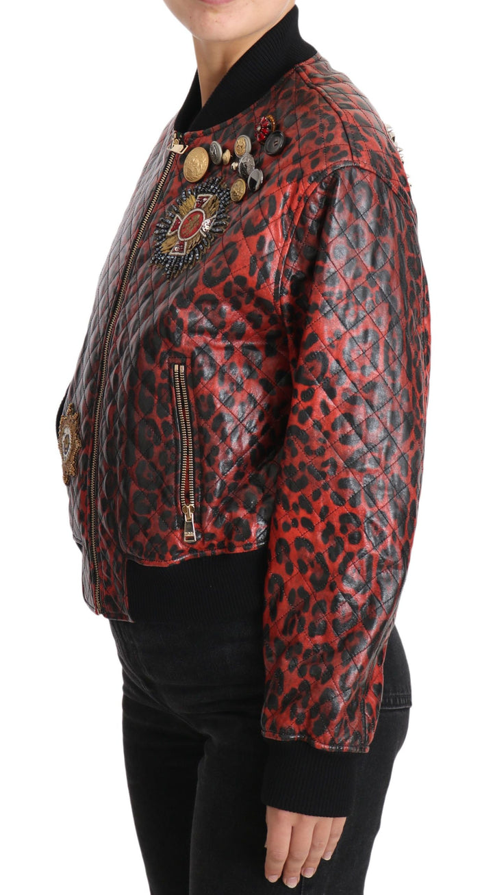 Dolce &amp; Gabbana Bomber Jackets - Red Leopard Button Crystal Leather Jacket