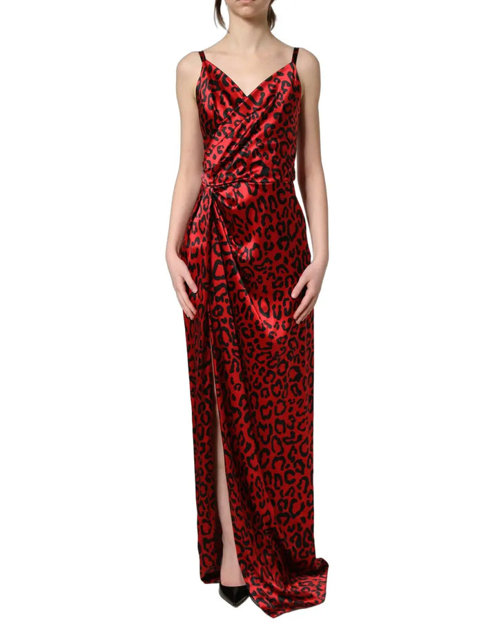 Dolce &amp; Gabbana Red Leopard Draped Sleeveless Maxi Dress