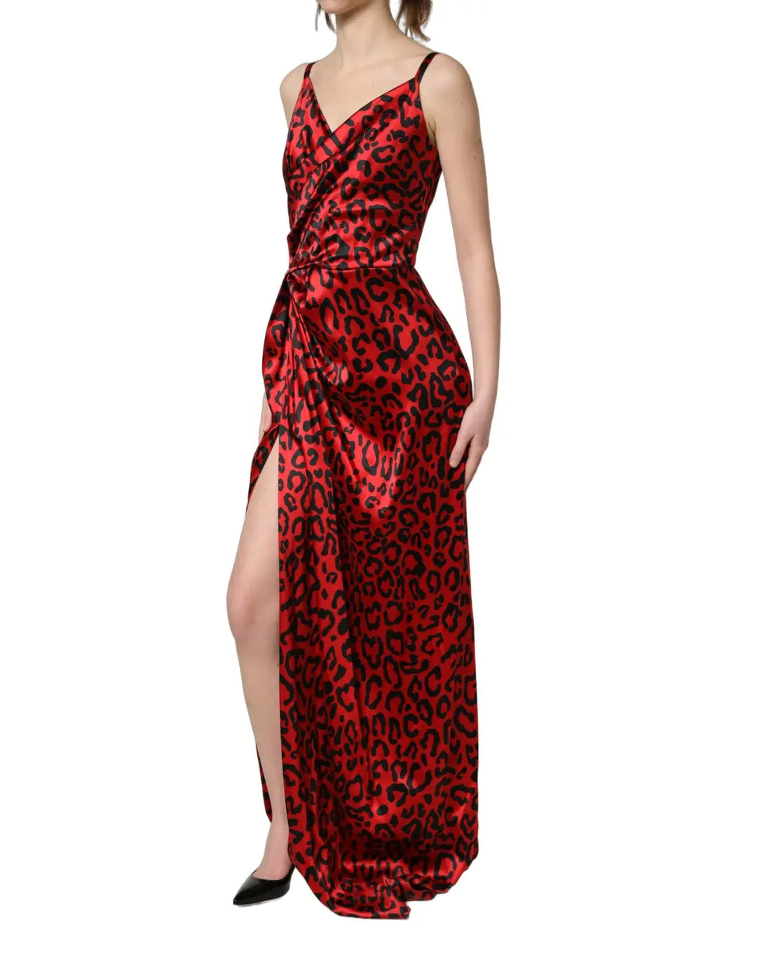 Dolce &amp; Gabbana Red Leopard Draped Sleeveless Maxi Dress