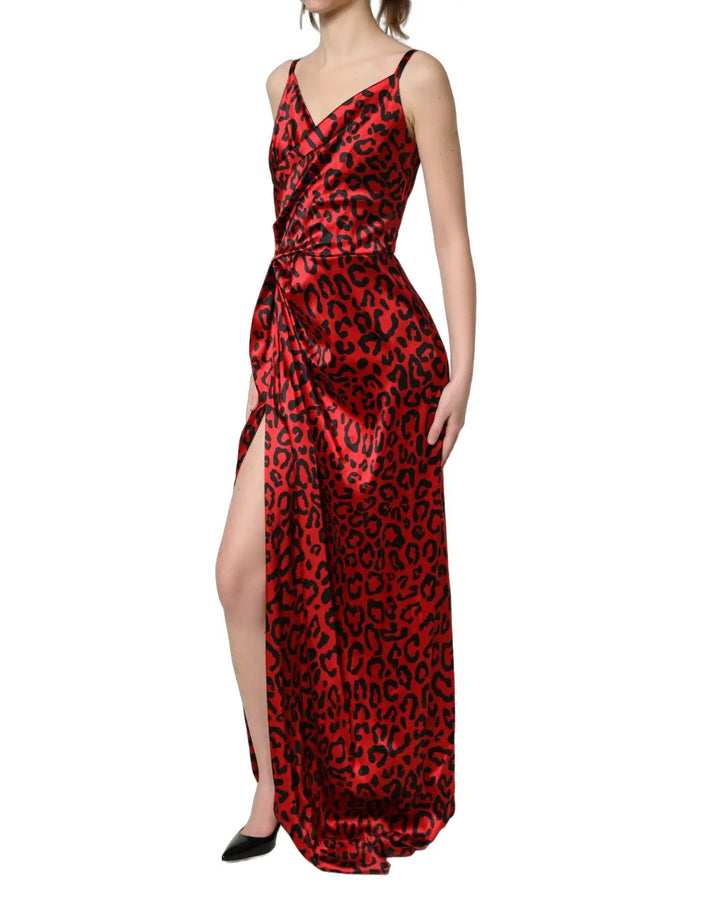 Dolce &amp; Gabbana Red Leopard Draped Sleeveless Maxi Dress