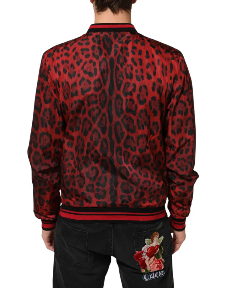 Dolce &amp; Gabbana Red Leopard Print Full Zip Bomber Men Jacket