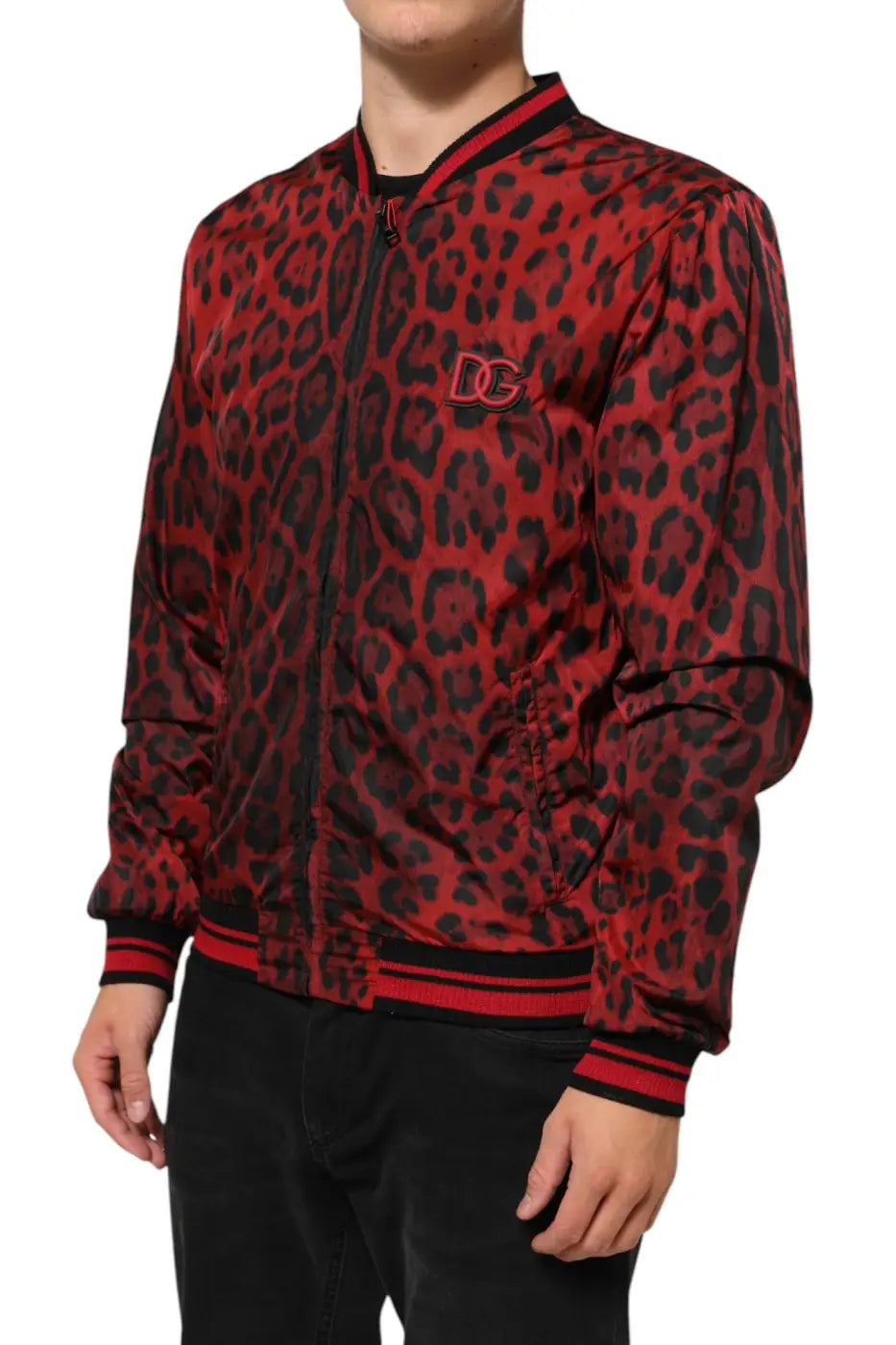 Dolce &amp; Gabbana Red Leopard Print Full Zip Bomber Men Jacket
