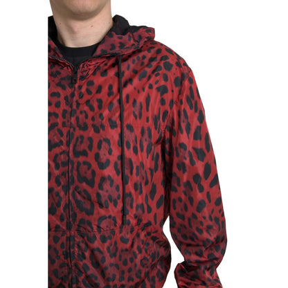 Dolce & Gabbana Red Leopard Print Hooded Bomber Jacket